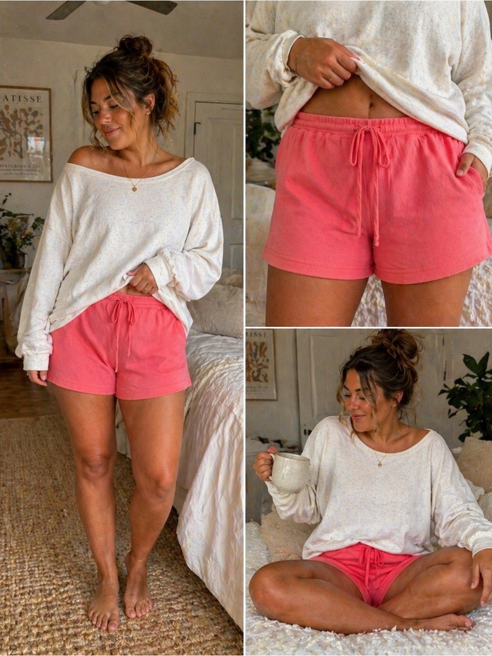 Vintage Hard Tail Coral Ribbed Shorts Y2K Drawstring Lounge USA Made Size L